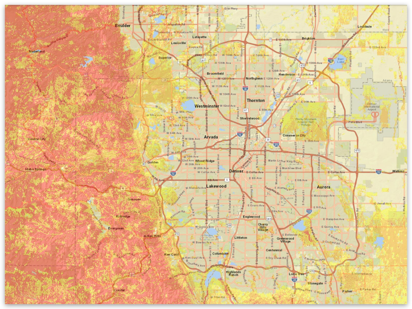 Wildfire Risk Map - Denver Colorado Wildfire risk map of the Denver Metro and foothill communities. Red zones show high wildfire potential — where home hardening matters most.
