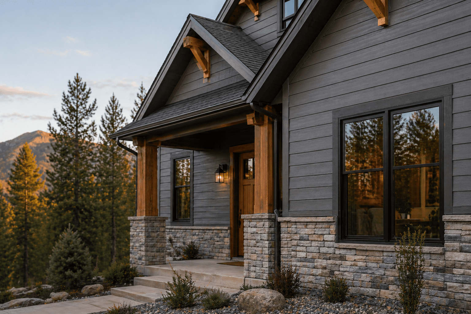 Modern Colorado home with James Hardie lap siding, stone accents, and wood beams